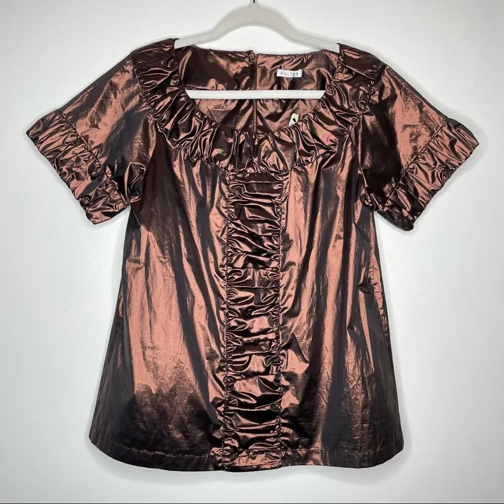 Walter Brown Metallic Ruffle Short Sleeve Blouse Top - Picture 1 of 6